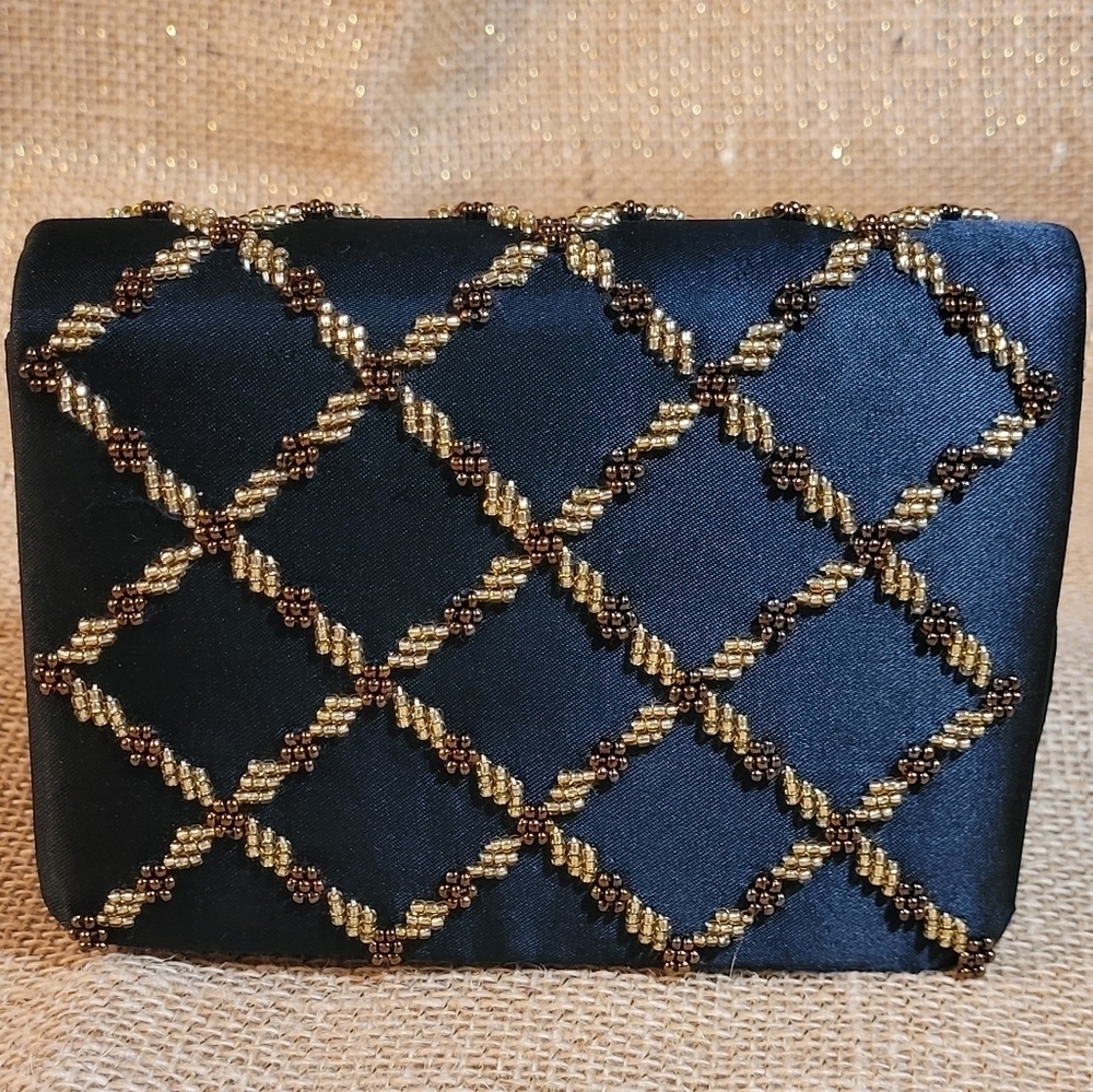 Vintage Elegant Gold Beaded Black‎ Satin Purse~ Clutch Or Shoulder~ La Regale